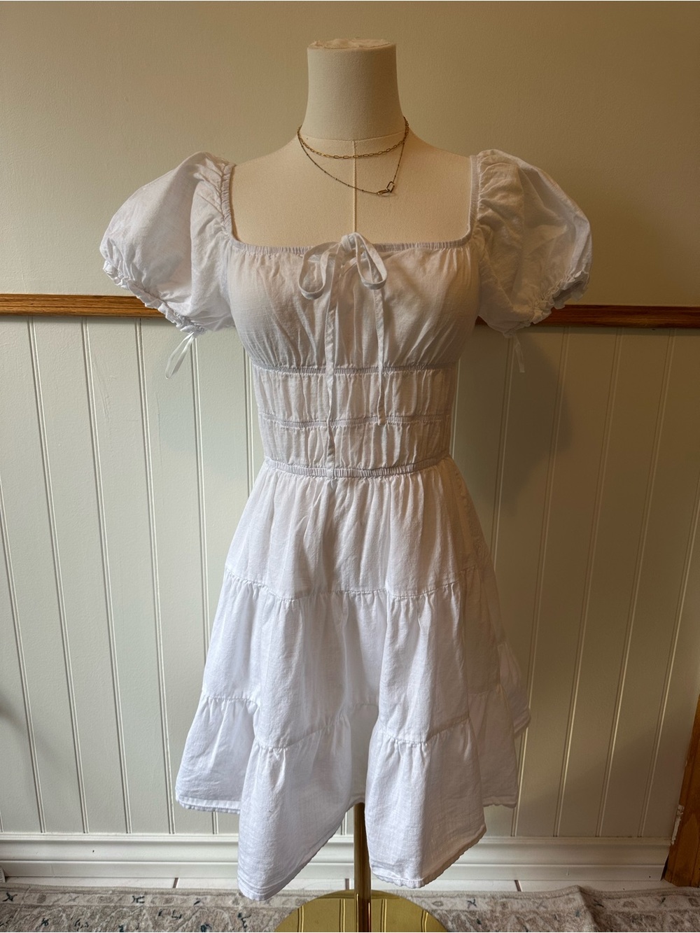 White Cottagecore Puff Sleeve Dress – Small - Picture 2 of 6